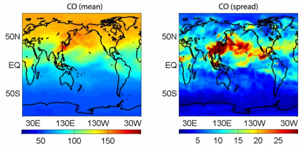 Fig. 3. Ensemble-mean (left panel) and ensemble-spread (right panel) of initial conditions of CAM3 CO in ppbv at 500 hPa for 1 April 2006.