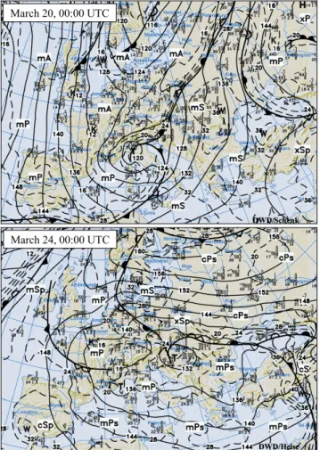 Fig. 1. Synoptic chart of 850 hPa geopotential, wind observations and air masses over Europe, (a) 20 March, 00:00 UTC, (b) 20 March, 00:00 UTC.