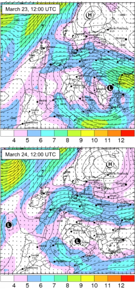 Fig. 2. Charts of sealevel pressure (hPa) and horizontal surface wind speeds in Beaufort (colour code) on 23 and 24 March 2007, 12:00 UTC respectively
