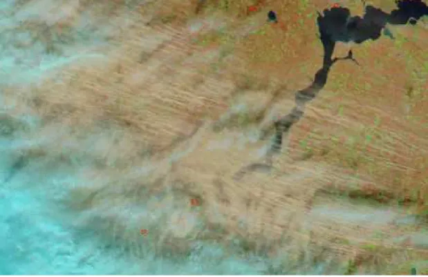 Fig. 5. MODIS-Aqua composite image of Southern Ukraine on 23 March 2007, 10:50 UTC reveals the large scale emission of agricultural dust