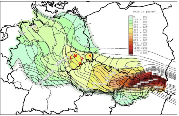 Fig. 7. Spatio-temporal evolution of the dust cloud in Central Europe on 24 March 2007
