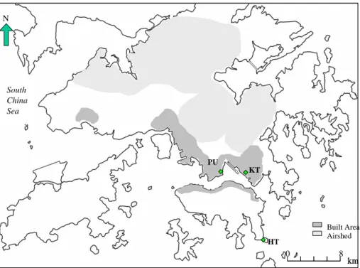 Fig. 1. Location of monitoring sites: middle-scale roadside Hung Hom (Hong Kong Polytechnic University Campus [PU]); urban-scale Kwun Tong (KT); and regional-scale Hok Tsui (HT) in Hong Kong.