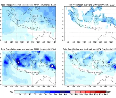 Fig. 8. Total rainfall July 1997 from GPCP, GPCC, REMO and REMO-CCFM.