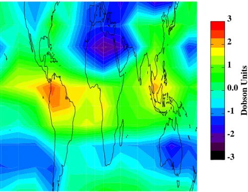 Fig. 2. Difference between Nimbus 7 TOMS and Nimbus 7 SBUV measurements for total ozone averaged over 8 years of concurrent operation.