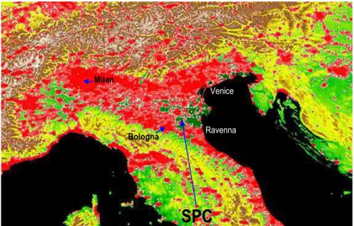 Fig. 1. Map of northern Italy, the long arrow points to the San Pietro Capofiume (SPC) station