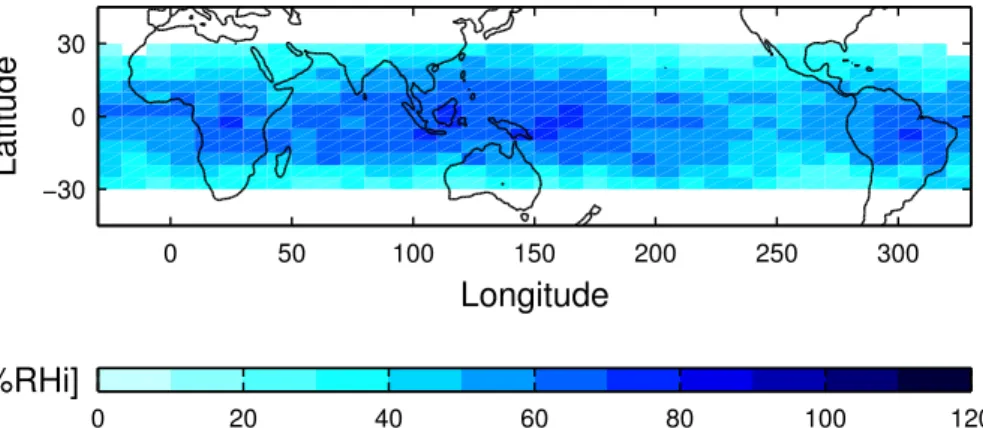 Fig. 8. Average 130 hPa cloud corrected retrieved UTH for 2001–2004. Otherwise as Fig