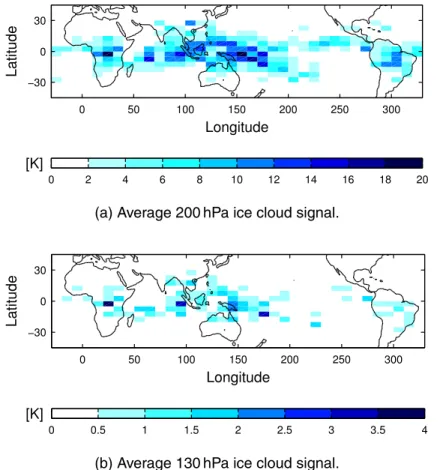 Fig. 9. Cloud ice signals averaged for December 2001–August 2004. Gridboxes are 5 ◦ wide in latitude and 10 ◦ in longitude.