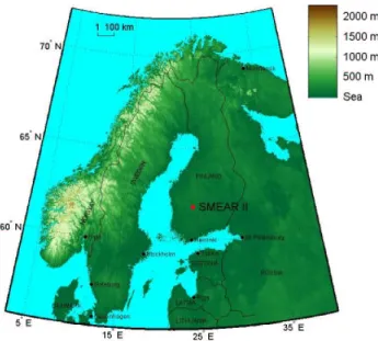 Fig. 1. Regional map with position of the observation site, SMEAR II in Southern Finland.