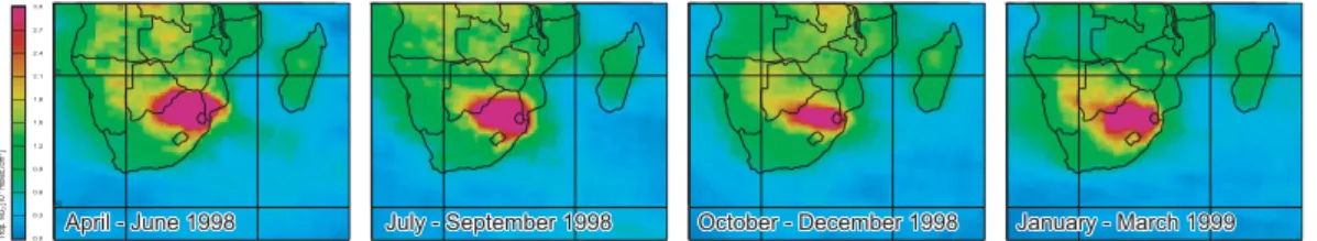 Fig. 2. Seasonal tropospheric NO 2 distribution of SA for 1998