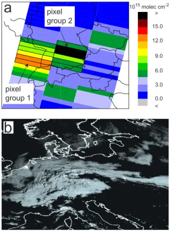 Fig. 3. (a) GOME track on 17 February 2001, showing high NO 2 VTCs above clouds. For the highest values (pixel groups 1 and 2, each consisting of 2 GOME pixels) trajectories are discussed qualitatively