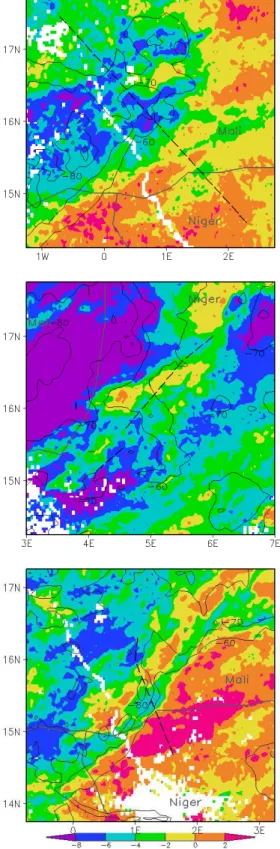 Fig. 2. LSTA (K) maps (shaded) for flights described in the case studies with the low level flight tracks (dotted line), (a) B224, (b) B227 and (c) B217