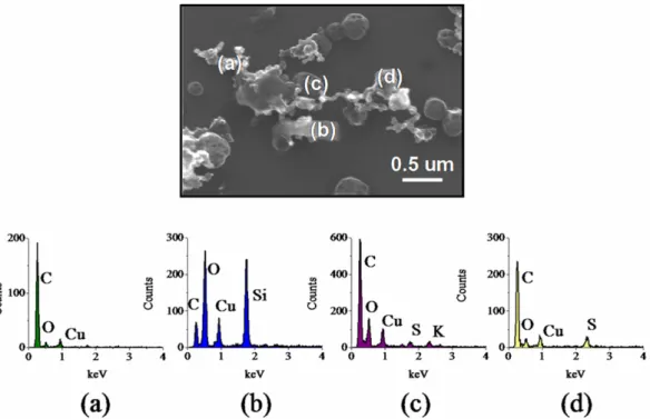 Fig. 6. SEM/EDX analysis showing the relative amount of the element indicated in a single processed soot particle collected at CENICA.
