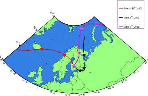 Fig. 1. HYSPLIT backward trajectories arriving to Hyyti ¨al ¨a site at 10:00 UTC during selected days