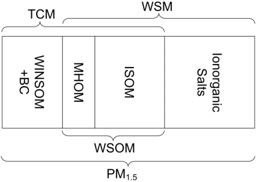 Fig. 1. Compound classification of total particulate matter with diameter D ≤ 1.5 µm (PM 1.5 ): i) Water-insoluble organic matter (WINSOM) and black carbon (BC), ii) most hydrophilic organic matter (MHOM), iii) isolated organic matter (ISOM), iv) inorganic