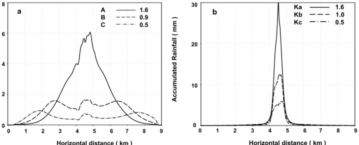 Fig. 4. Accumulated rainfall at 50 min. (a) Cases A, B, and C. Values averaged in the do- do-main for cases A, B, and C are 1.6 mm, 0.9 mm, and 0.5 mm respectively