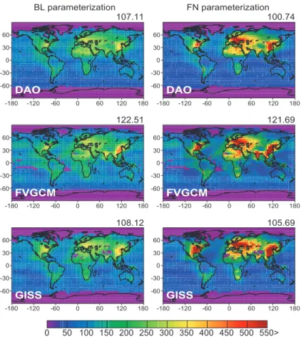 Fig. 3. The global distribution of yearly averaged GMI model simulated cloud droplet number concentration (cm − 3 ) for the schemes of Boucher and Lohmann (1995) and Fountoukis and Nenes (2005) and the meteorological datasets from NASA Data Assimilation O 