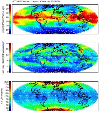 Fig. 3. Monthly mean vertically integrated water vapour (upper panel), corresponding extra daily standard deviation (middle panel) and number of independent observations (lower panel) derived from ATOVS data for September 2006.