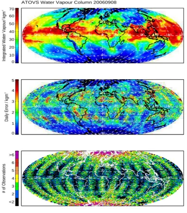 Fig. 4. Daily mean of vertically integrated water vapour (upper panel), daily error (middle panel) and number of independent observations (lower panel) derived from ATOVS data for 8 September 2006.