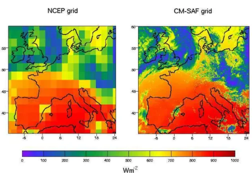 Fig. 7. Incoming solar radiation at surface level at NCEP (left panel) and CM-SAF (right panel) spatial resolution, respectively