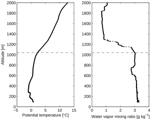 Fig. 3. Vertical profiles of potential temperature (left panel) and water vapor mixing ratio (right panel) on 13 March 2006