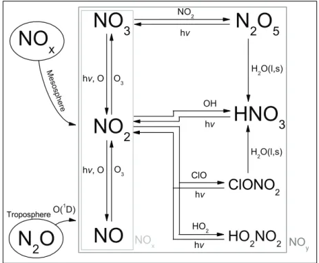Fig. 1. Simplified reaction scheme of NO y . All mentioned NO y species except NO and NO 3 have been retrieved from MIPAS-B measurements for this study.
