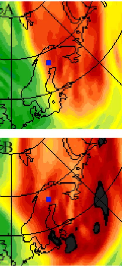 Fig. 3. Distribution of PV above north-eastern Europe on 21 March 2003, 00:00 UTC. Part A shows the distribution at the potential temperature level 475 K ( ∼ 19.5 km), part B at 550 K ( ∼ 22.5 km)