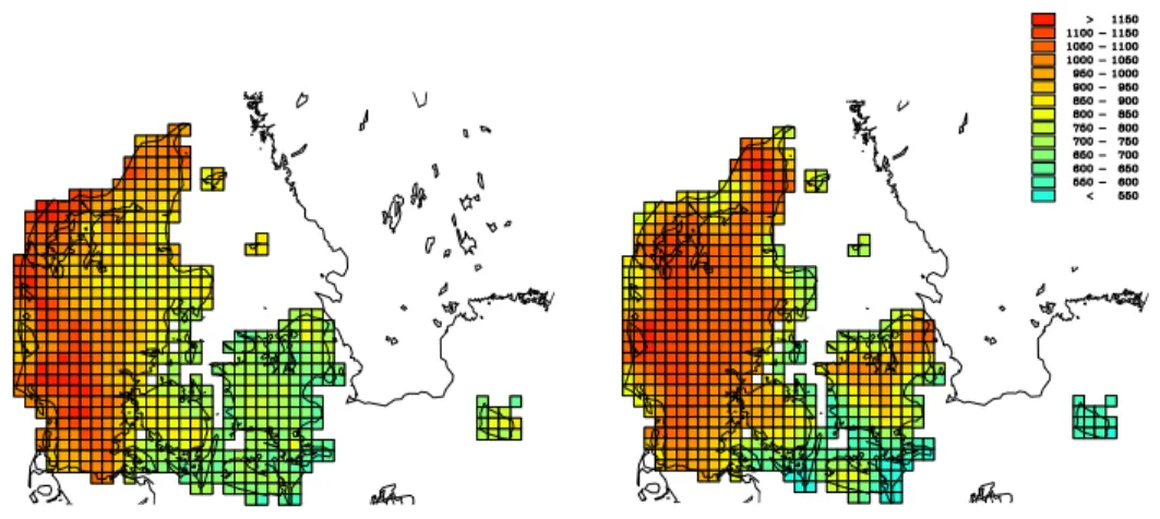 Fig. 9. Gridded precipitation on 10 km×10 km gridded from observed precipitation data (left) and obtained from the Eta model (right)