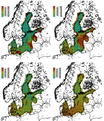 Figure 10. Episode of high nitrogen deposition at the 26th of July 2002. The upper left figure  shows the total nitrogen deposition (tonnes N/km 2 ) on this day