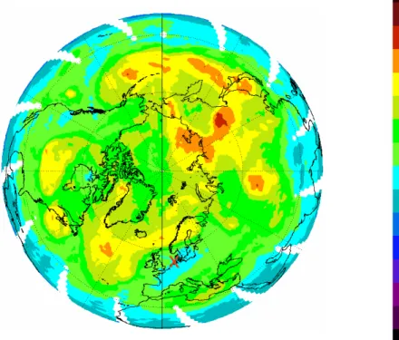 Fig. 5. Total ozone over the northern hemisphere (27 May 2005), EP/TOMS Version 8 in Dobson Units (http://toms.gsfc.nasa.gov/ozone/ozone.html, North pole image)