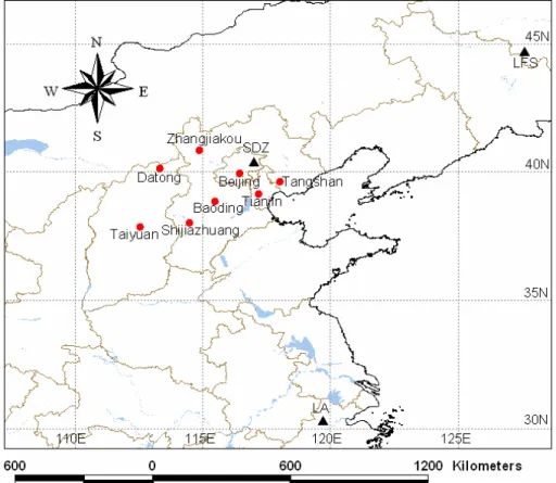 Fig. 1. Location of the Shangdianzi, Linan and Longfenshan regional background stations of China, as well as some cities in Northern China.