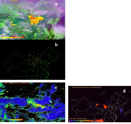 Fig. 5. Validation of FY-2C detection results with ground-based observation. (a) Dust detection results by FY-2C at 06:00 UTC on March 9, 2006