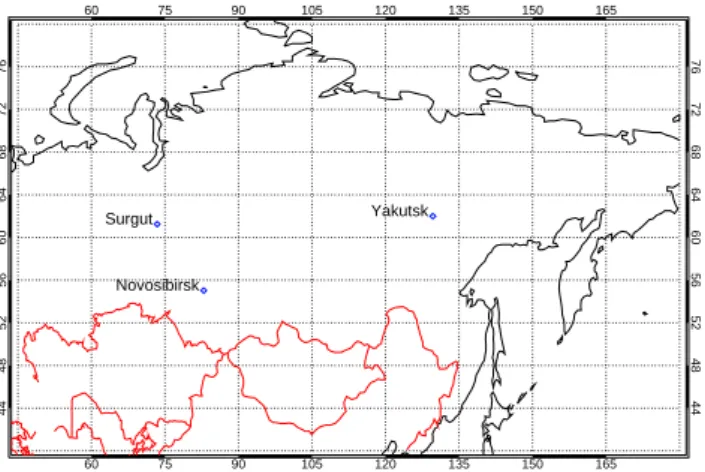 Fig. 4. The locations of the aircraft flights over Siberia during 2003: