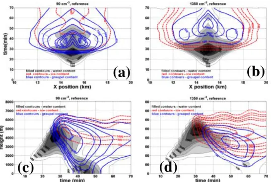 Figure 6 - Water, ice and graupel paths of mass content (in g m -2 ) in the clouds as a function of time,  height and width