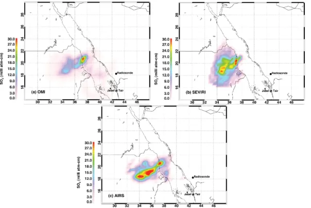 Fig. 3. Column SO 2 retrievals from three satellite instruments on 1 October 2007. (a) OMI at 10:57–11:01 UT, (b) SEVIRI averaged over four consecutive times: 10:12, 10:27, 10:42 and 10:57 UT and (c) AIRS at 10:42 UT.