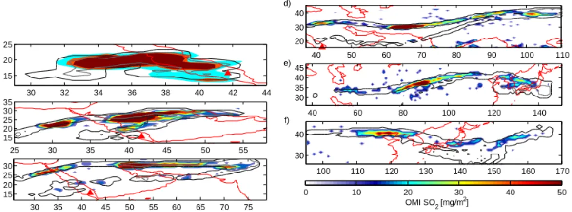 Fig. 8. Comparison of SO 2 columns measured by OMI and simulated by FLEXPART using the emission profile from our reference inversion for (a) 1 October 09:00–12:00 UT, (b) 2 October 09:00–12:00 UT, (c) 3 October 7–13 UT, (d) 4 October 04:00–12:00 UT, (e) 5 
