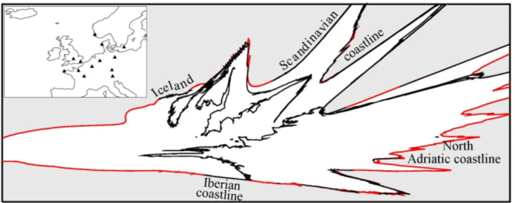 Fig. 5. Enlargement of the Fig. 4 b3bis with emphasis to the coastlines in black, especially close to the horizon in red