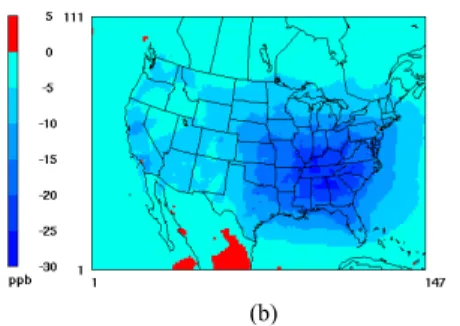 Fig. 5. (a) Three-summer-average maximum 8 h ozone concentrations in historic years. (b) Changes in concentrations under the impact of climate change and emission controls