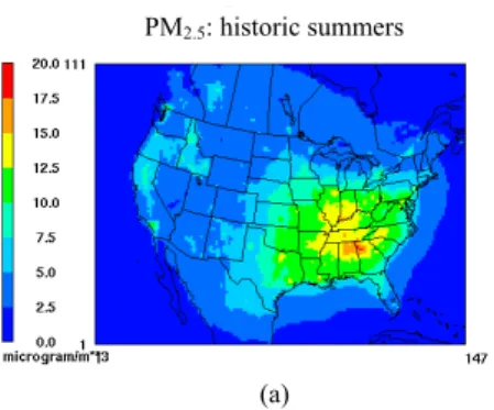 Fig. 8. (a) Three-summer-average PM 2.5 concentrations in historic years. (b) Changes in concentrations under the impact of climate change and emission controls