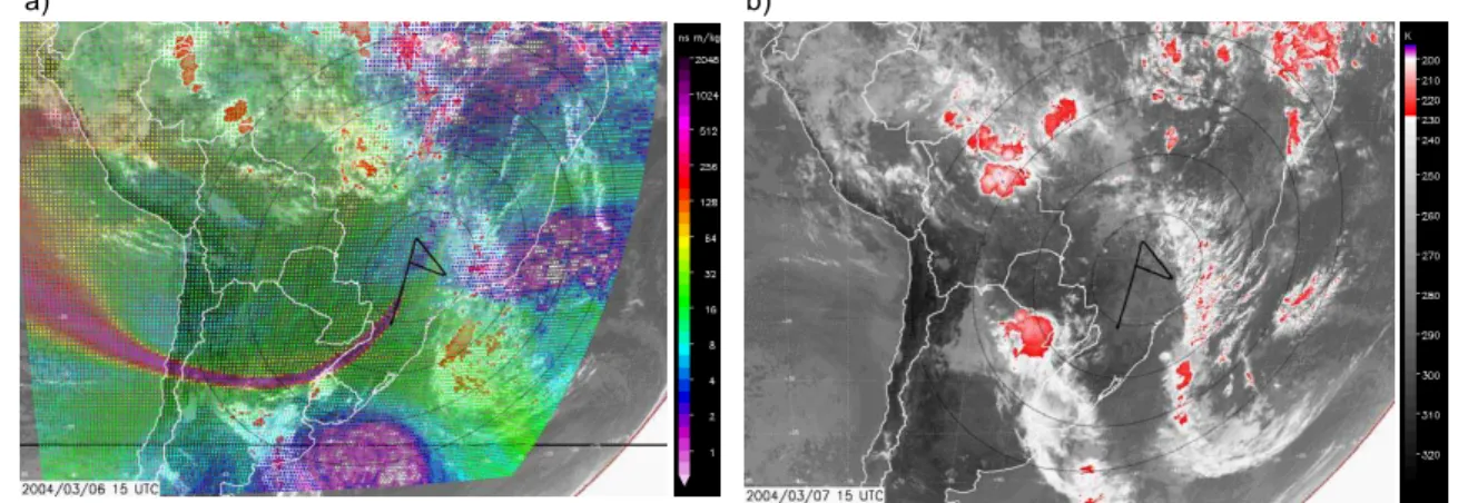 Fig. 7. Initiation and development of a MCS over northern Argentina, Uruguay and Paraguay on 6 (a) and 7 (b) March 2004 at 15:00 UTC