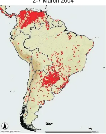 Fig. 9. MODIS fire locations (in red) over South America for the time period 2–7 March 2004 indicating enhanced fire activity over northern Argentina and Paraguay