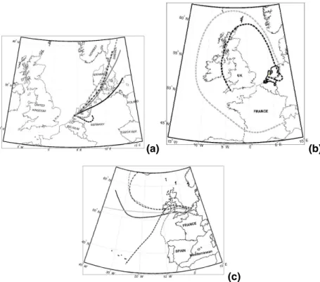 Fig. 10. Backward air mass trajectories arriving in The Hague at levels of 950 hPa (black) and 850 hPa (grey): (a) 24 h trajectories for 21 March (dashed), 18 April (solid) and 7 April  (dash-dot) in 2003, (b) five days backward trajectories, for 21 of Mar