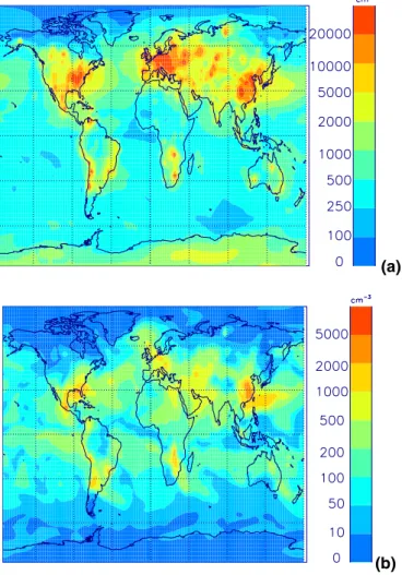 Fig. 11. Monthly mean surface (a) CN and (b) CCN (0.2% supersaturation) concentrations for December 1995 with 3% of SO 2 as particulate emissions.