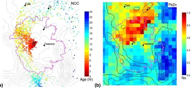 Fig. 9. Spatial distributions of industrial emissions in Mexico City. (a) Particle back-trajectories for a release on 15 March, 08:00–09:00 CST, for a representative nitrogen containing organic carbon (NOC) peak