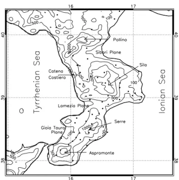 Fig. 1. Topography of Calabria averaged over 10 km 2 . Main features are also reported