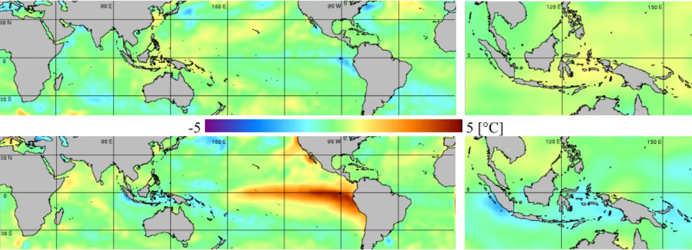 Fig. 1. SST anomaly during October 1996 (top) and October 1997 (bottom) calculated using NOAA-    AVHRR data provided by NASA’s JPL 