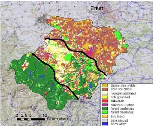 Fig. 1. Landuse (September 1999) of the geographic regions of the 843 km 2 large Gera river System.