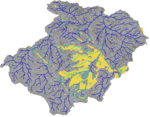Fig. 2. Limestone regions (yellow) and rivers where deep sink is active(cyan) of the Gera catchment.