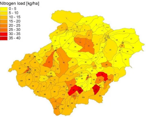 Fig. 6. Predicted average annual nitrogen load leached within the derived subcatchments in the Gera catchment (Bende-Michl et al., 2005).