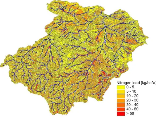 Fig. 9. Predicted average annual nitrogen load leached within the derived HRUs in the Gera catchment.