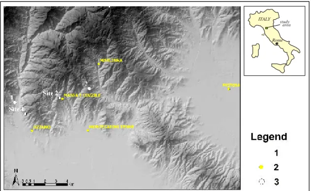 Fig. 1. Map of the study area with locations of landslides (1), nearby towns (2) and raingauge stations (3).